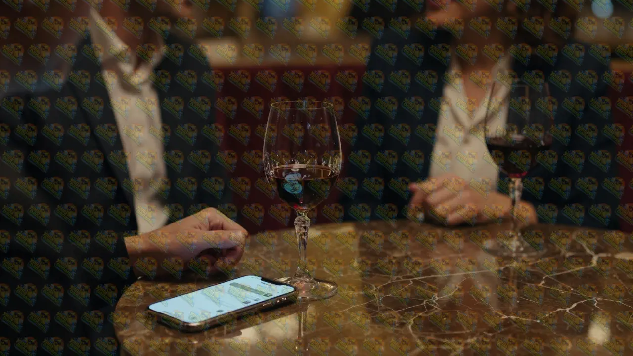 A glass of wine and a phone with encrypted messages on a marble table in a luxury restaurant.