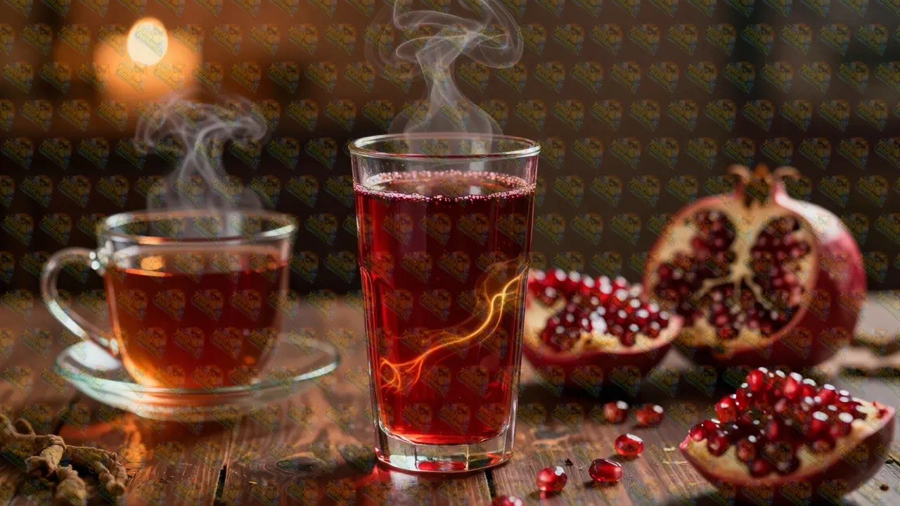 Pomegranate juice and maca root tea with a warm, glowing atmosphere.
