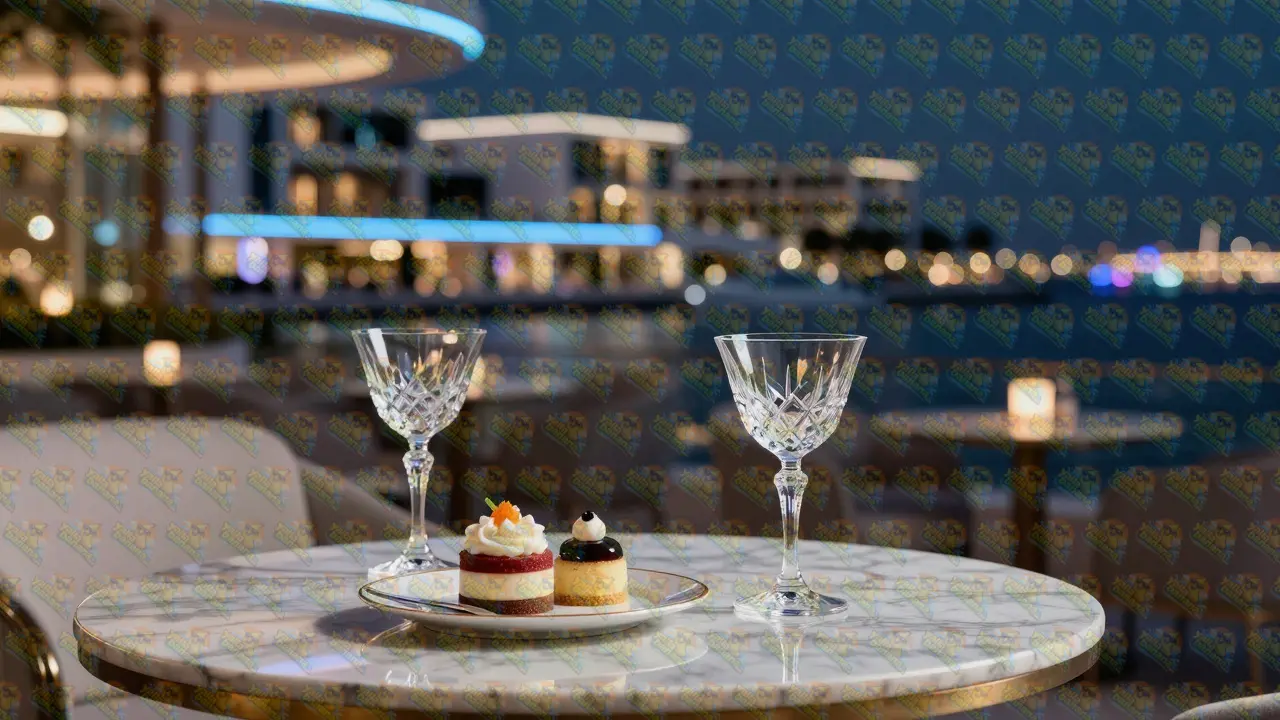 Sophisticated drinks and dessert on a marble table at a modern Yas Island lounge