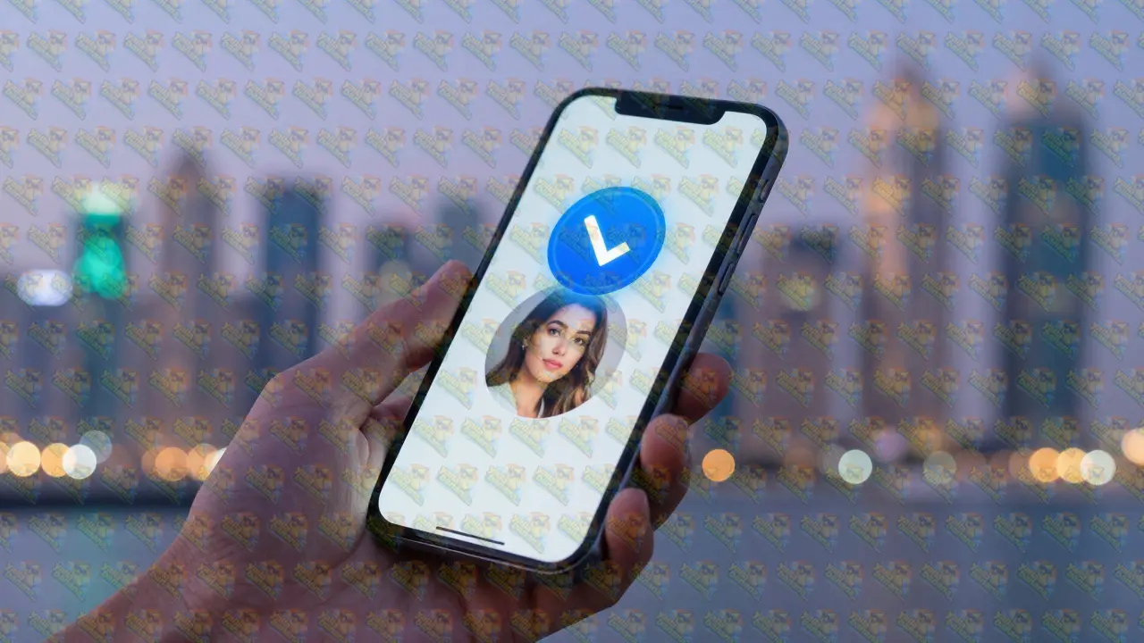Smartphone screen showing a verified badge with Dubai Marina bokeh background