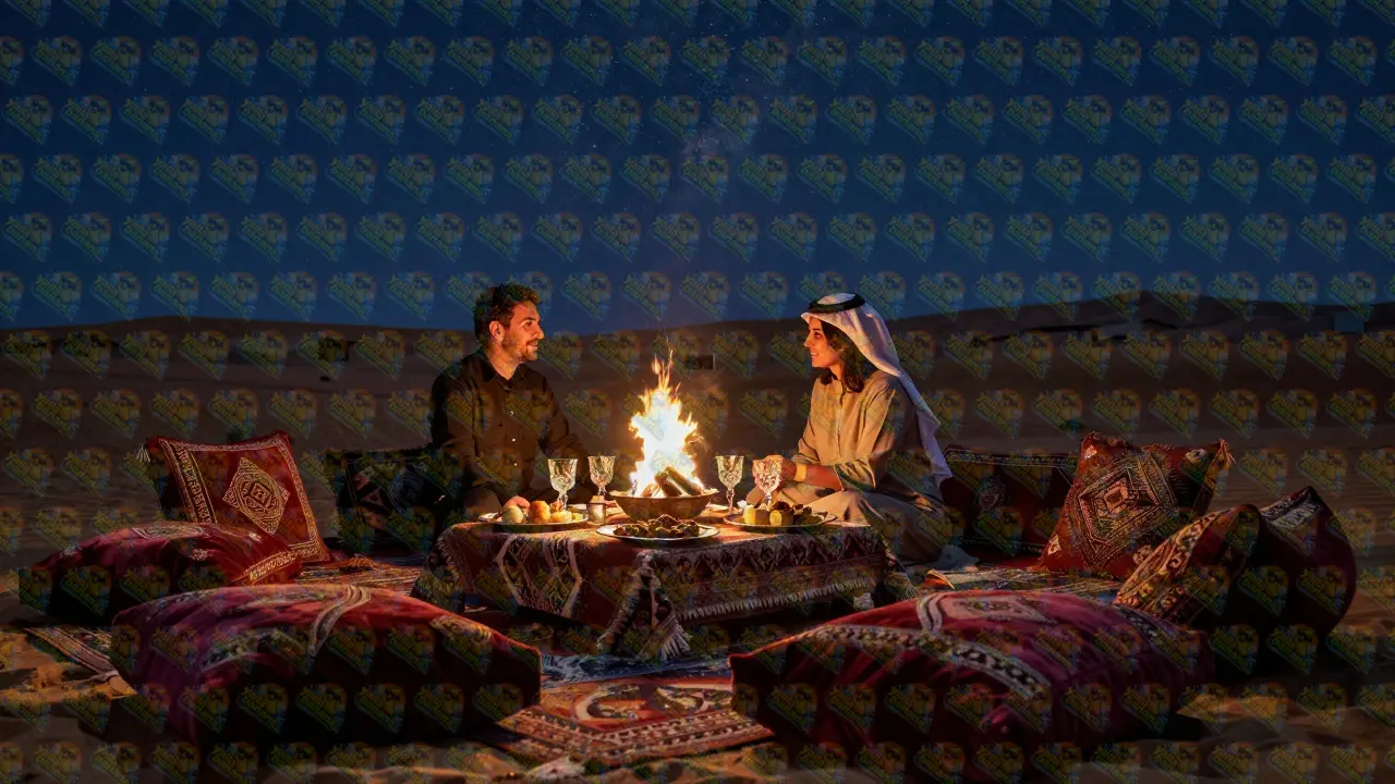A private luxury desert camp with gourmet dining and a bonfire under a starry sky.