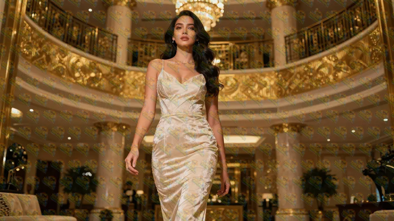A glamorous Filipina woman in an evening gown in a luxury Dubai hotel lobby