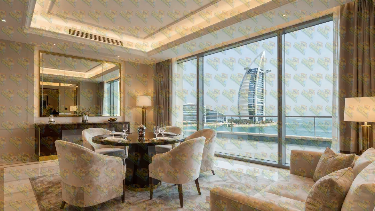Opulent luxury hotel suite interior with a view of the Burj Al Arab.
