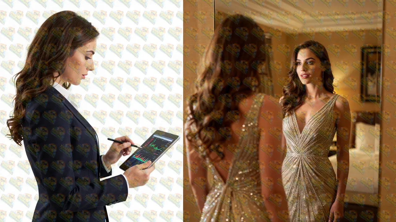 A split image showing a woman as a glamorous companion and as a professional business investor.