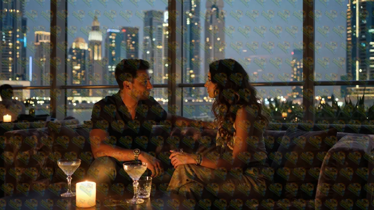 A sophisticated couple talking privately at a luxury Dubai rooftop lounge with city views