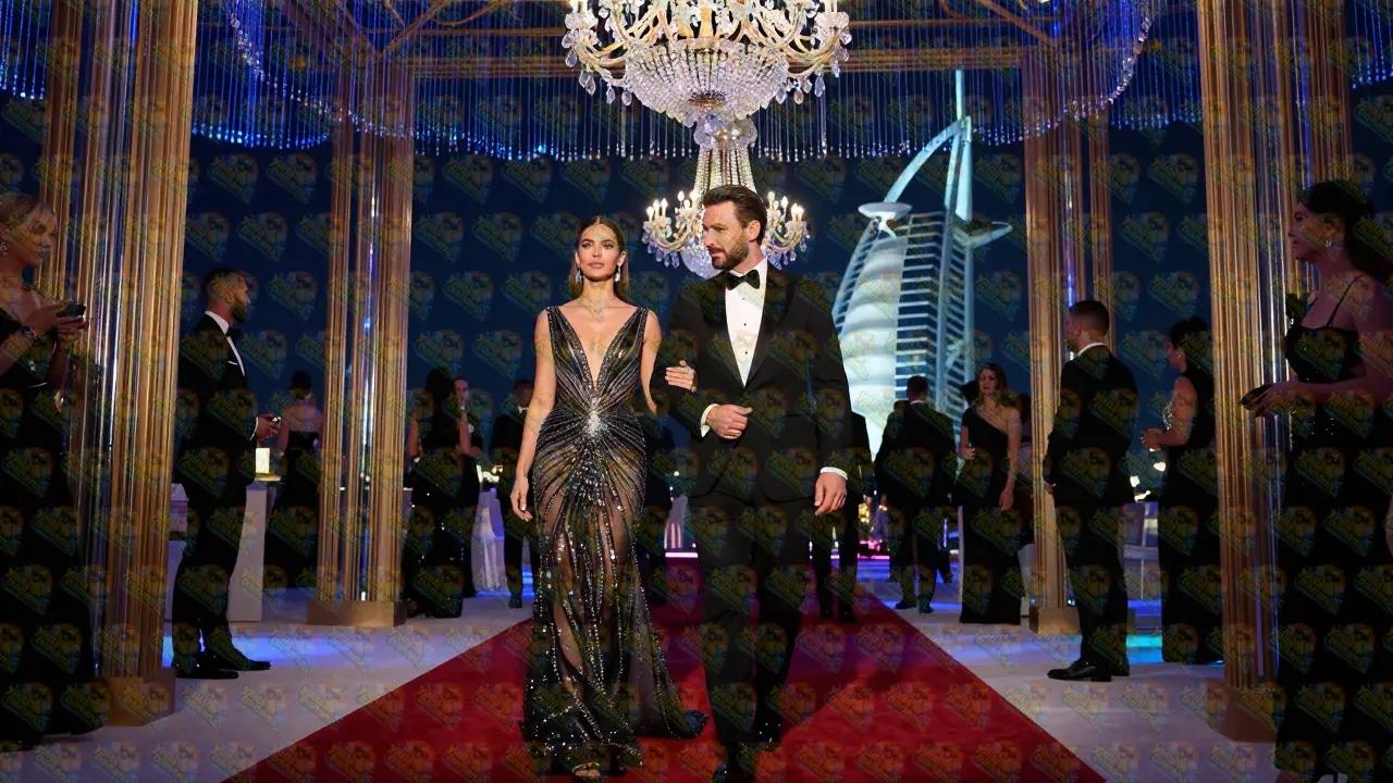 Elegant couple entering a high-end gala event at the Burj Al Arab in Dubai