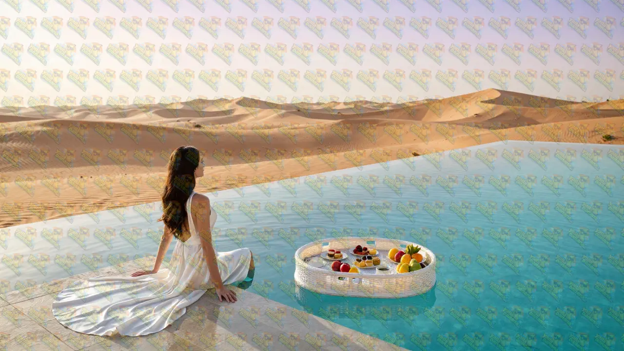 Luxury desert villa with a private infinity pool and floating breakfast at sunrise.