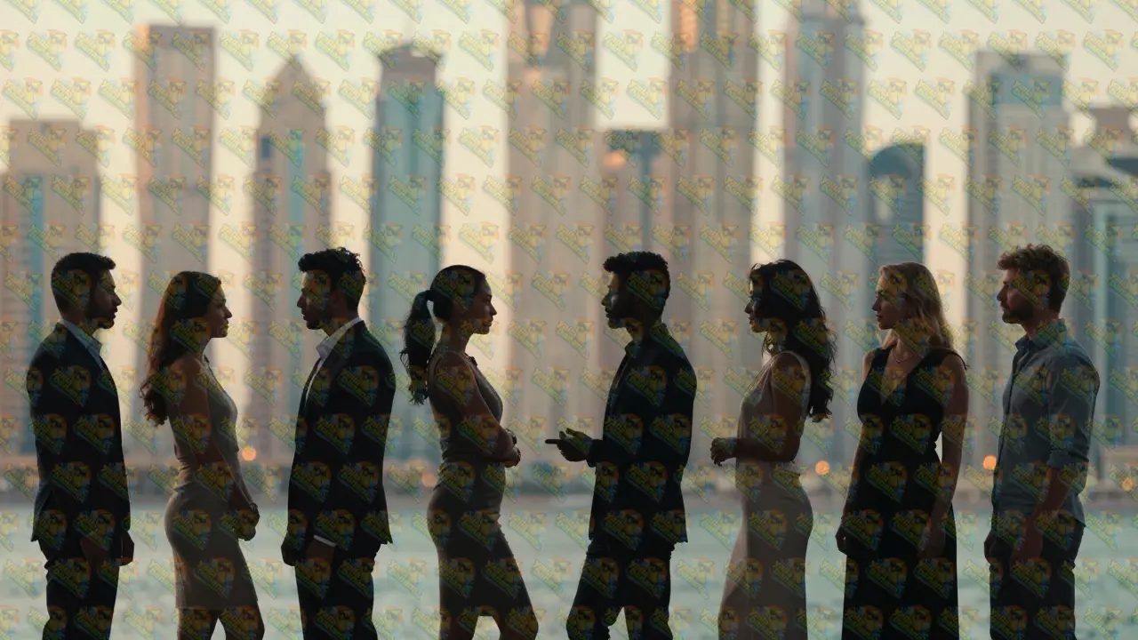 Silhouettes of diverse international people with Dubai Marina backdrop