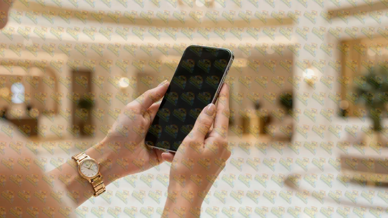 Close-up of elegant hands with a smartphone in a luxury gold-toned hotel lobby