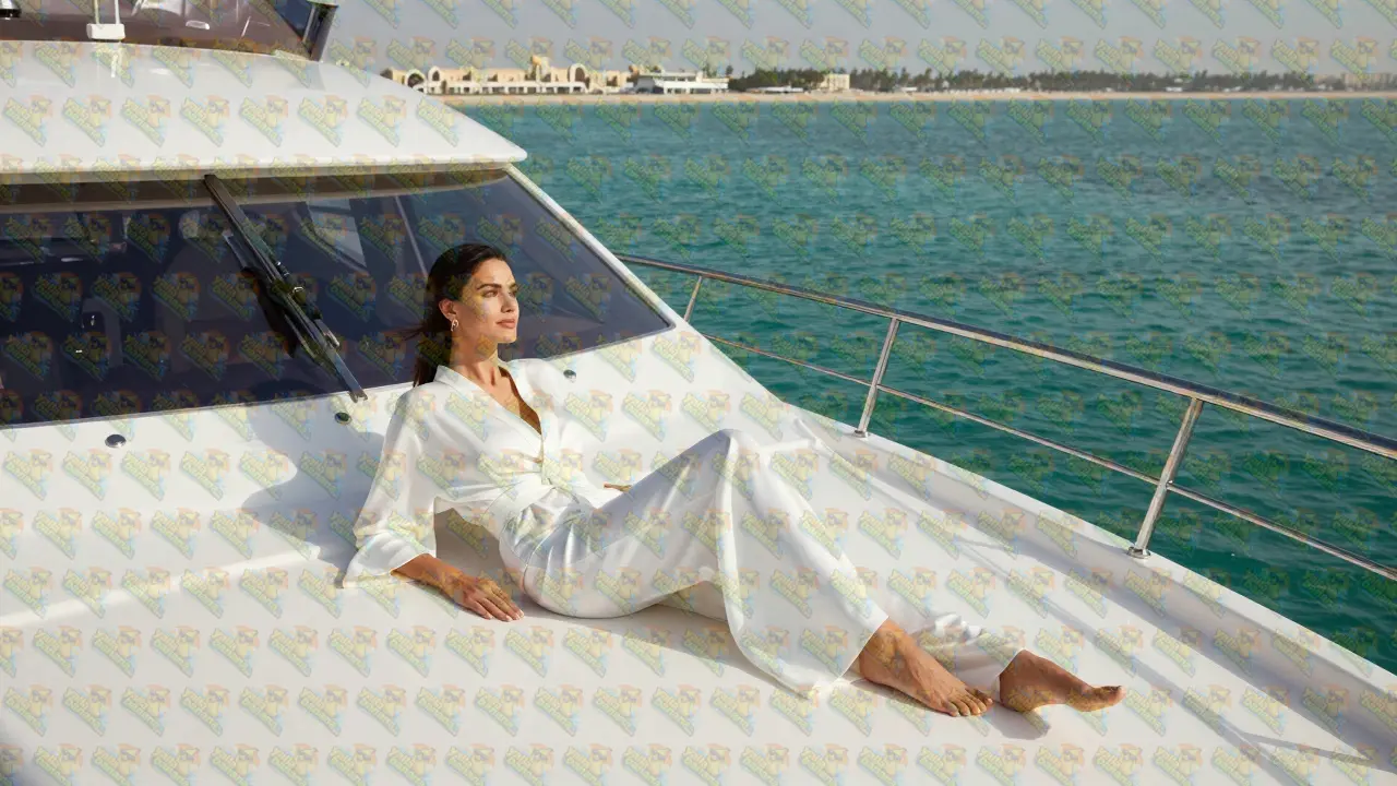 Beautiful woman in white designer resort-wear on a private luxury yacht in Dubai