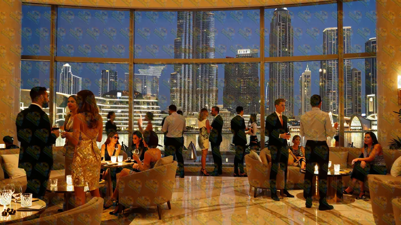 Elegant social gathering at a luxury Dubai Marina lounge with city skyscrapers in the background.