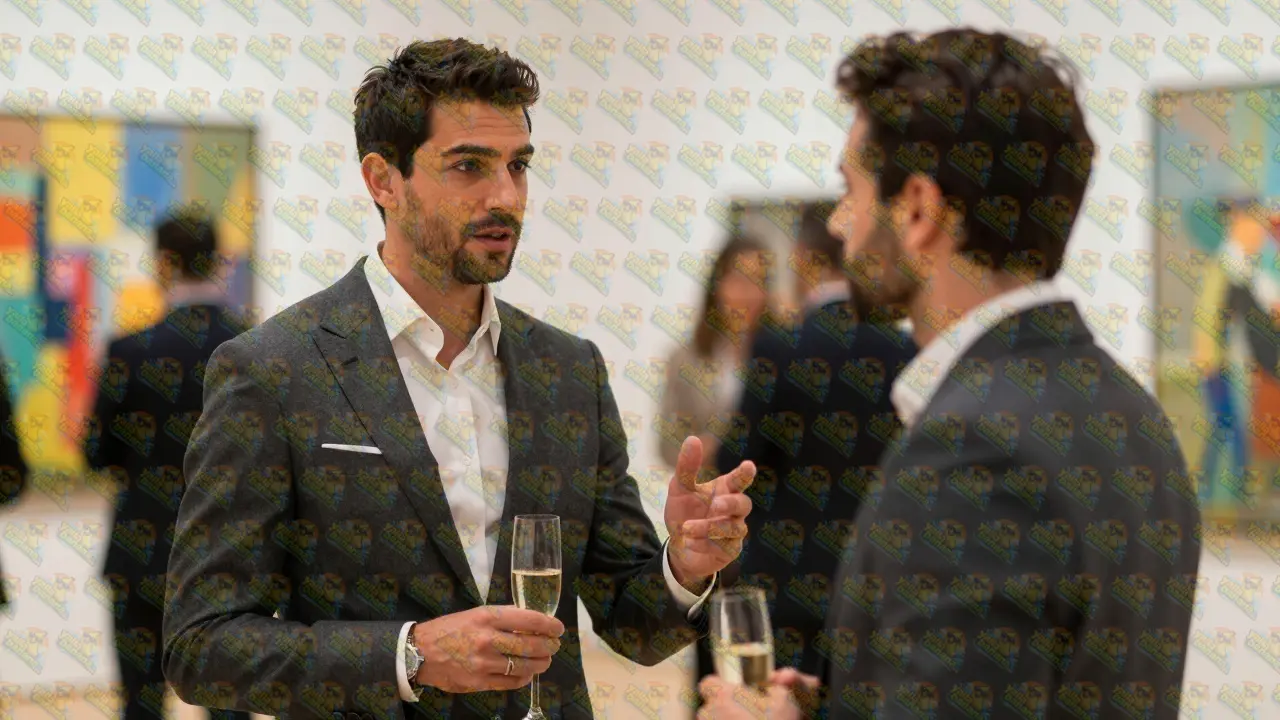 Sophisticated man in a tailored suit at a high-end Dubai art gallery