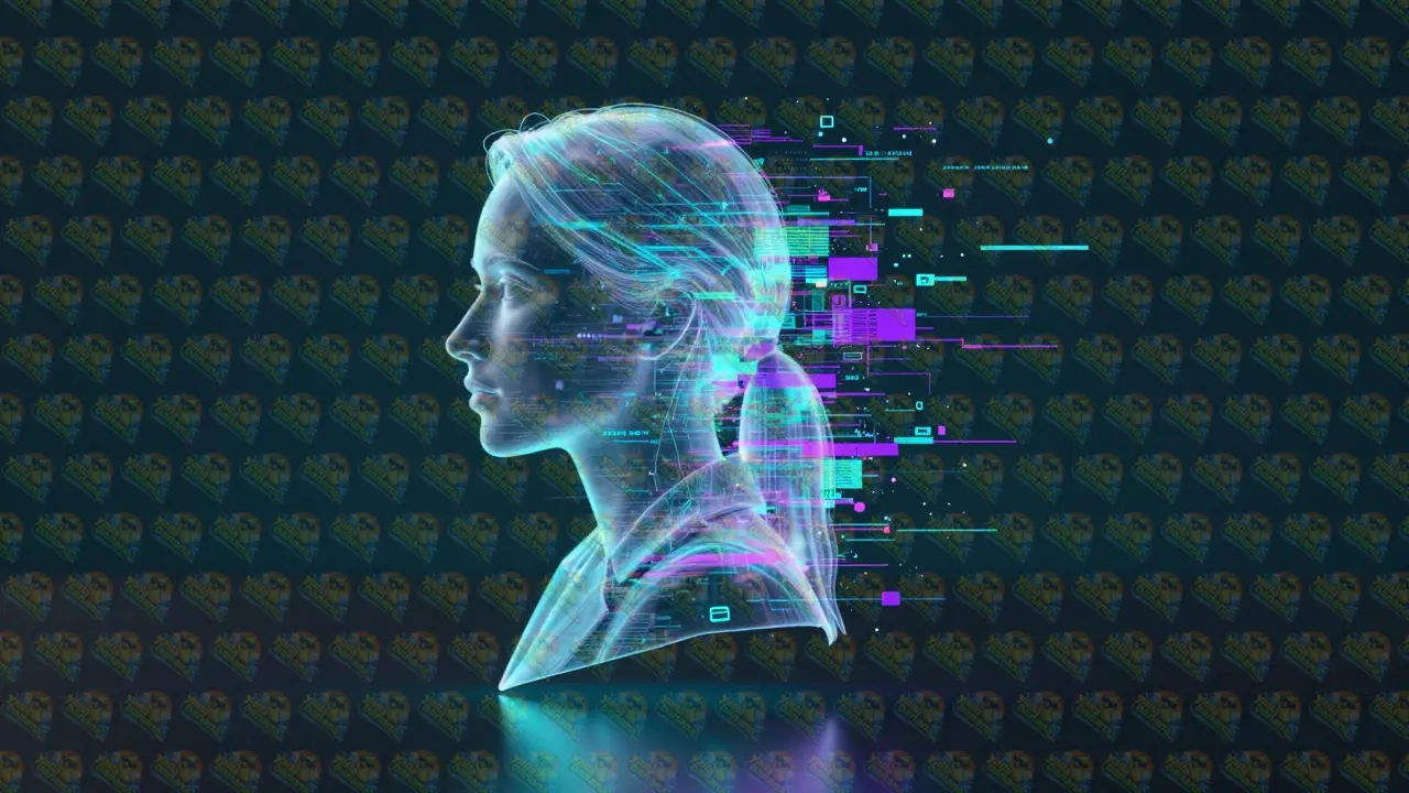 A glitching holographic female profile symbolizing a fake online identity