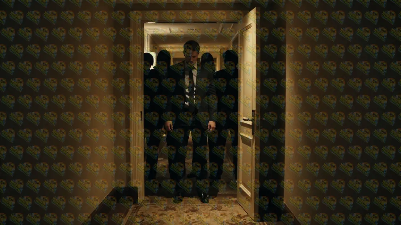 Silhouetted figures emerging from shadows in a luxury hotel corridor