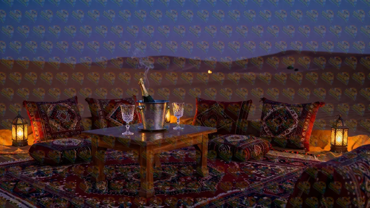 Private luxury desert camp with Arabic carpets, lanterns, and champagne at twilight.