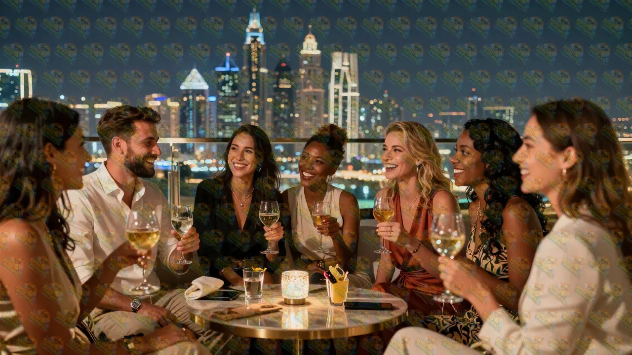 People socializing at a high-end rooftop lounge overlooking Dubai at night