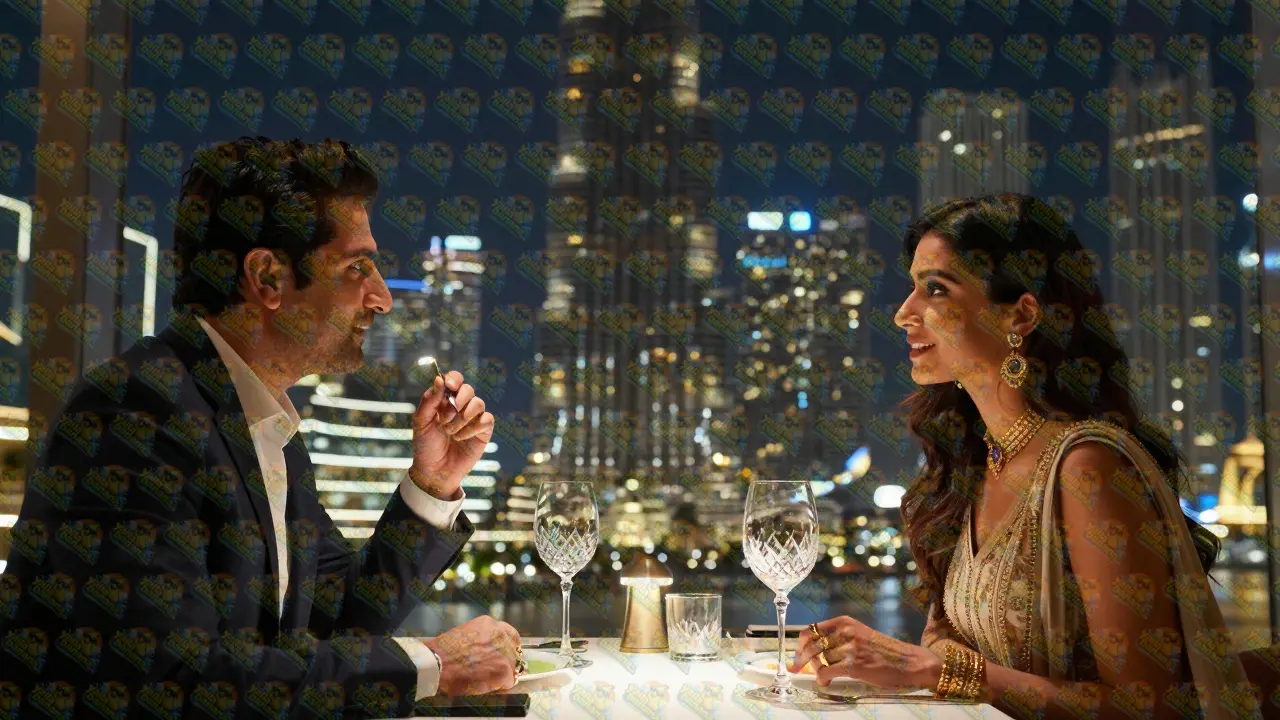 Couple having a luxury dinner with Burj Khalifa in the background
