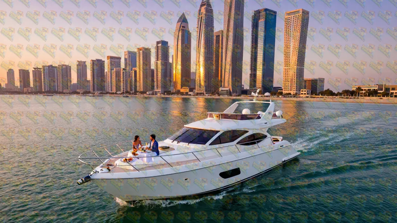 Private luxury yacht in Dubai Marina during a golden hour sunset