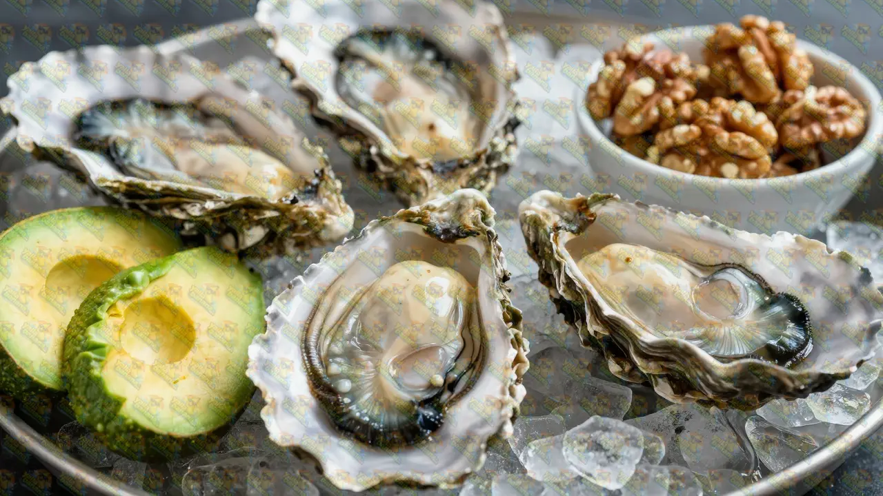 Close-up of fresh oysters on ice with walnuts and sliced avocado.