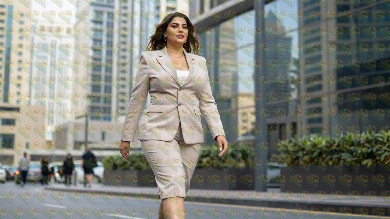 Elegant full-figured woman walking through the modern architectural district of DIFC in Dubai.