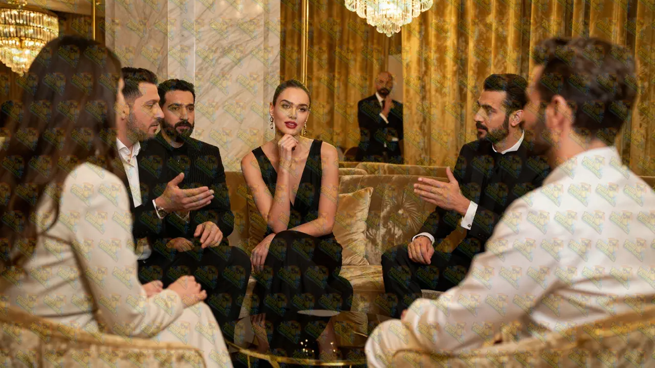 Sophisticated woman in a black-tie gown at a luxury gold-accented event in Dubai