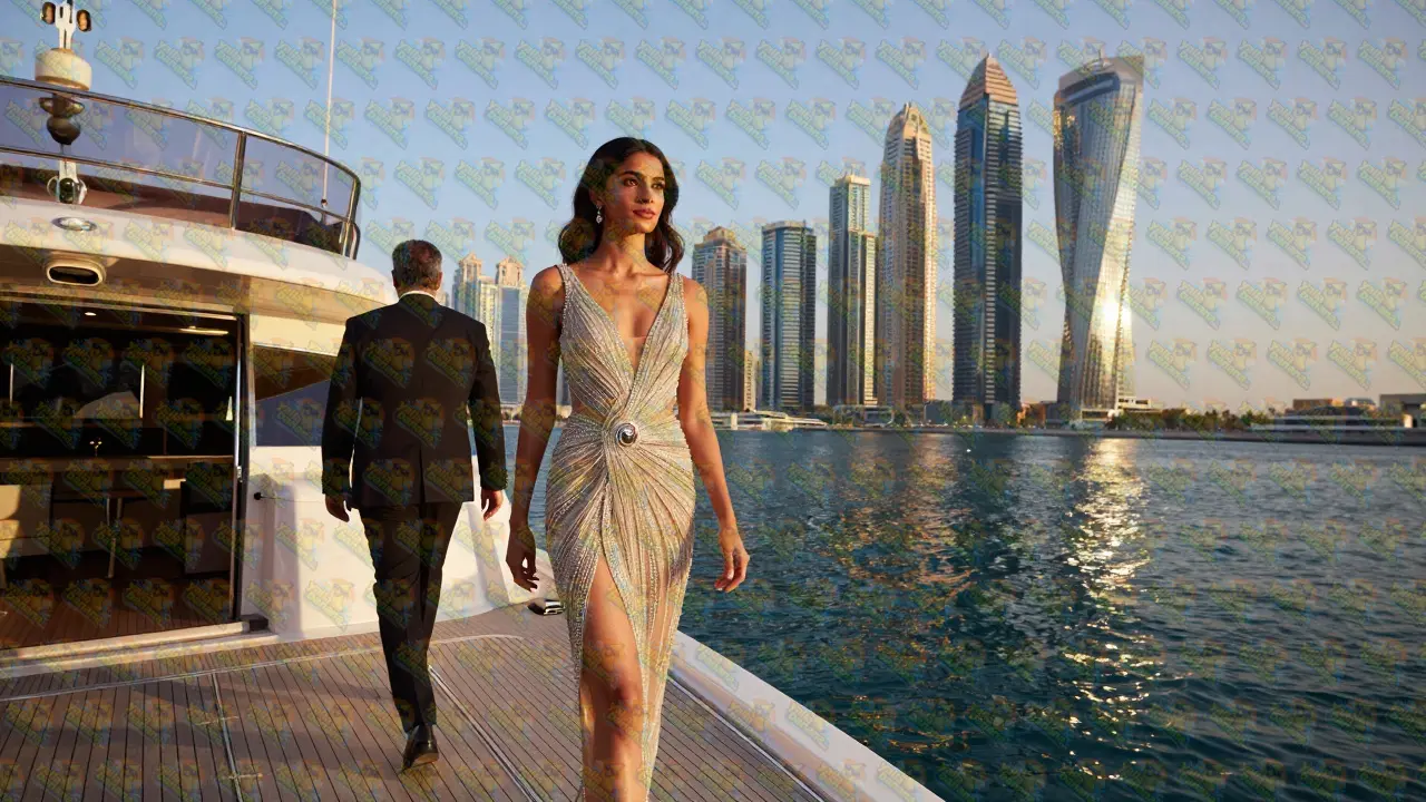 Glamorous South Asian woman and man by a yacht in Dubai Marina