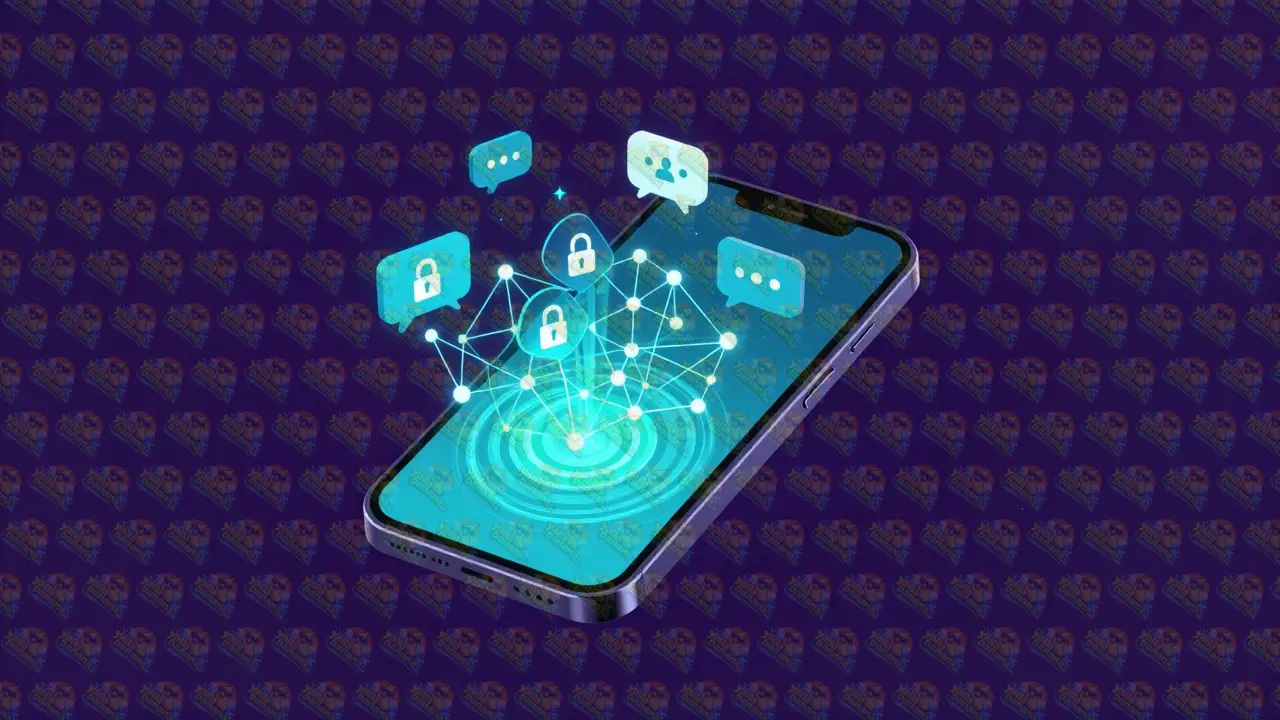 Digital illustration of a smartphone emitting encrypted data streams and lock icons in a cyber void.