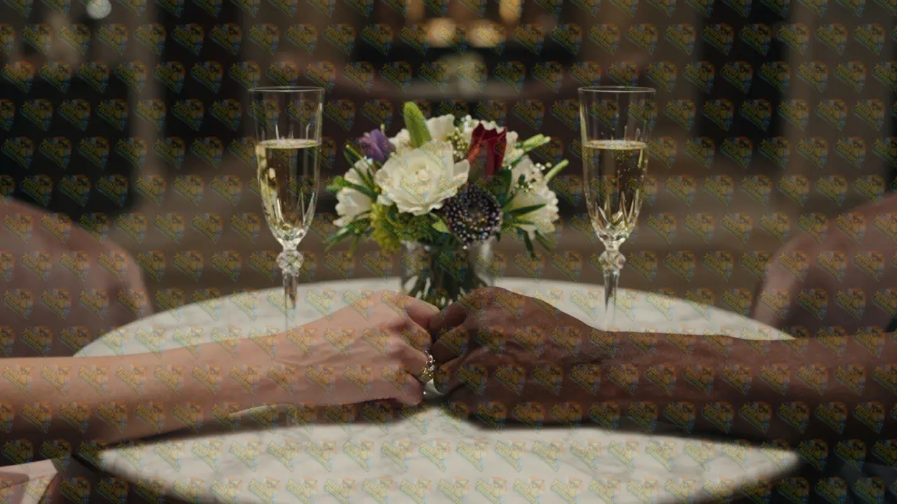 Close-up of hands meeting over a marble table with champagne and flowers in a luxury hotel.