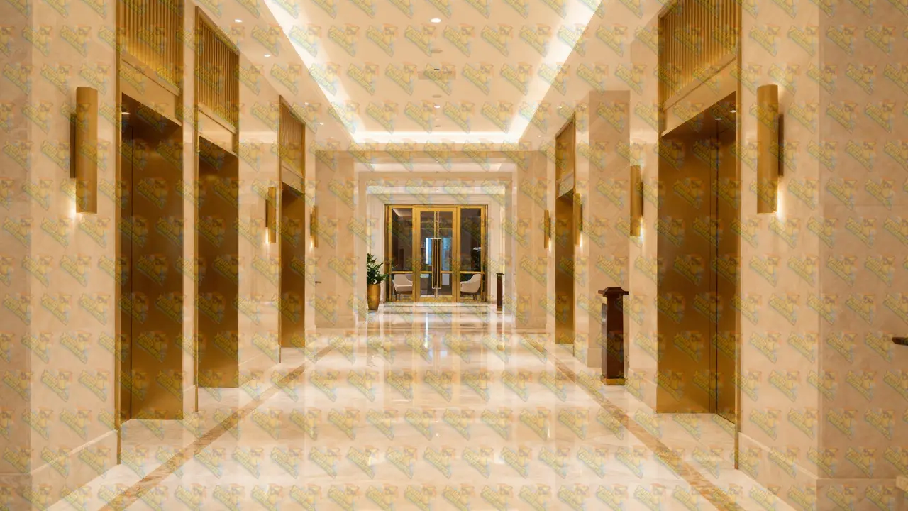 Elegant and private interior of a luxury Dubai hotel with marble floors and gold accents.