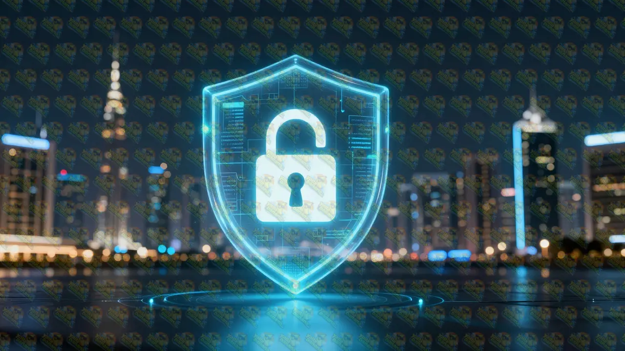Holographic security lock symbolizing end-to-end encryption with Dubai skyline background